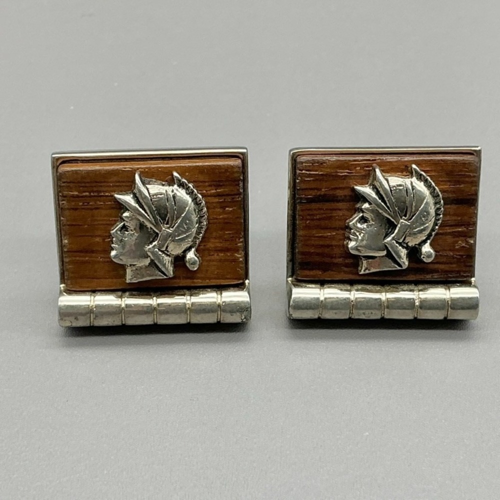 Vintage Roman Soldier Cufflinks Wood Grain‎ Gold Tone Warrior Gladiator Men's